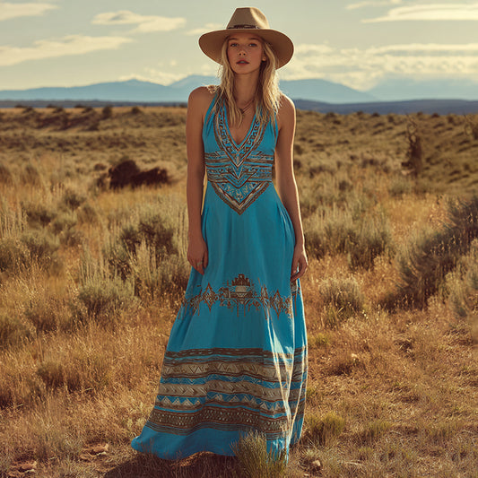 Women's Vintage Western Geometric Print V-neck Tank Midi Dress artswardrobe