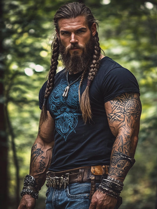 Vintage Viking Rune Print Round Neck Short Sleeve T-shirt elevenforest