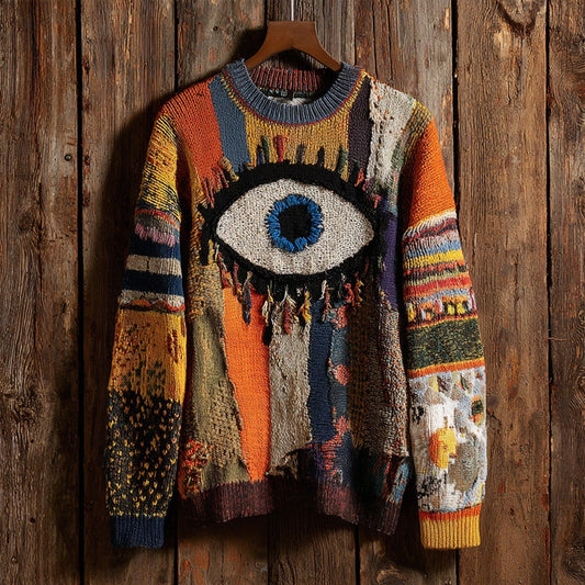 Vintage Spooky Eyeball Halloween Patchwork Cozy Knit Sweater artswardrobe