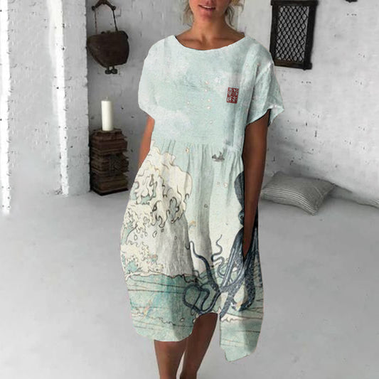 Comstylish Japanese Art Huge Waves And Octopus Print Crew Neck Loose Midi Dress