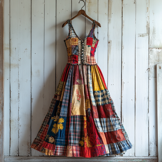 Women's Scottish Plaid Patchwork Art Linen Midi Dress artswardrobe
