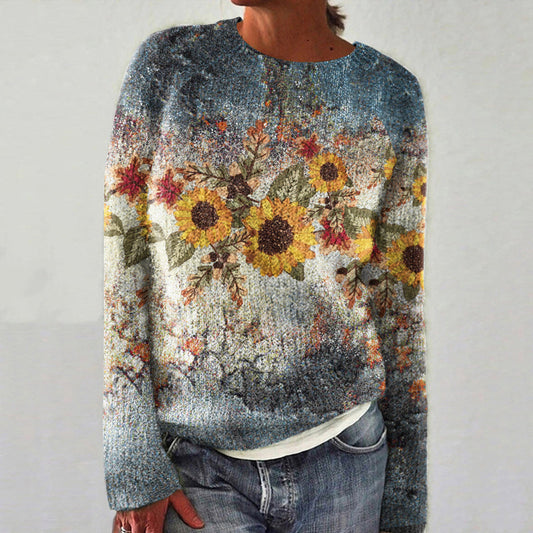 Vintage Sunflower Art Printed Knit Pullover Sweater elevenforest
