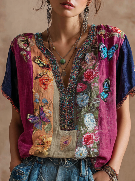 Comstylish Bohemian Style V-neck Butterfly And Flower Embroidery Cotton And Linen Short Sleeve