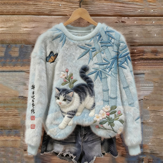 Comstylish Japanese Art Cat & Bamboo Embroidered Cozy Plush Sweatshirt