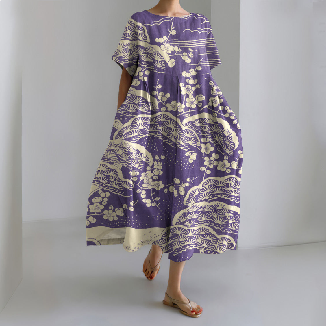 Comstylish Japanese Art Plum Blossom Printed Crew Neck Casual Midi Dress