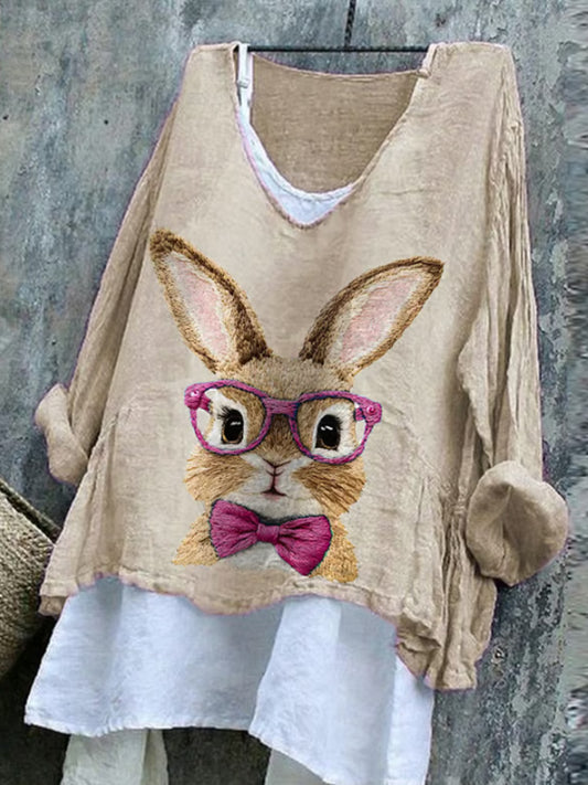 Comstylish Women's Cute Rabbit Embroidery Pattern Comfortable Linen Shirt