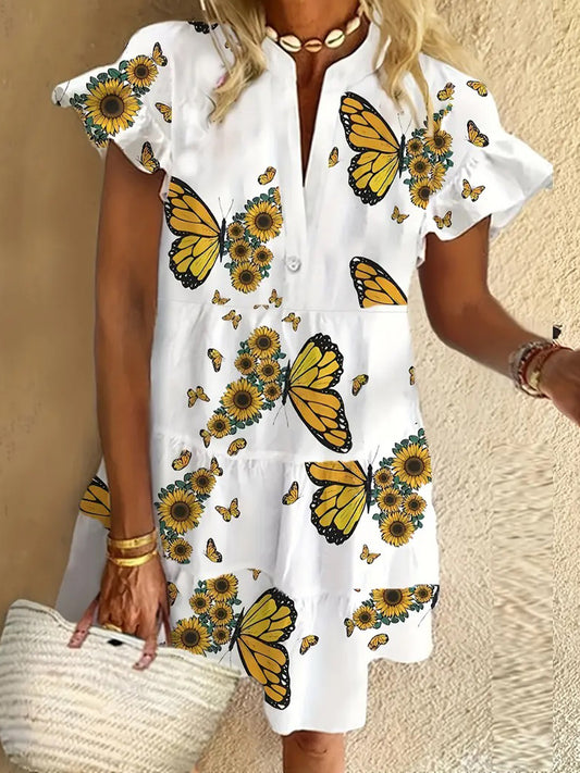 Sunflower Butterfly Ruffled Short-sleeved V-neck Buttoned Dress Vacation Beach Dress