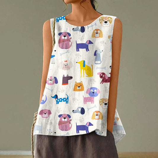Comstylish Dog Art Print Linen Blend Tank Top
