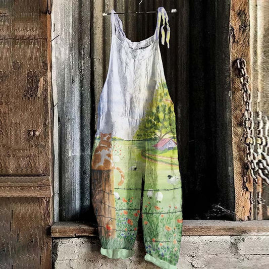Lovely Shepherd Cat Pattern Linen Blend Loose Fit Jumpsuit elevenforest