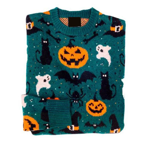 Retro Fall Ghost Halloween Black Cat Printed Women's Sweater artswardrobe
