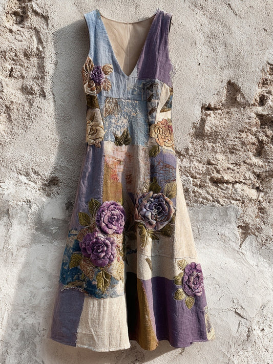 Purple Roses Embroidered Patchwork Linen Midi Dress artswardrobe
