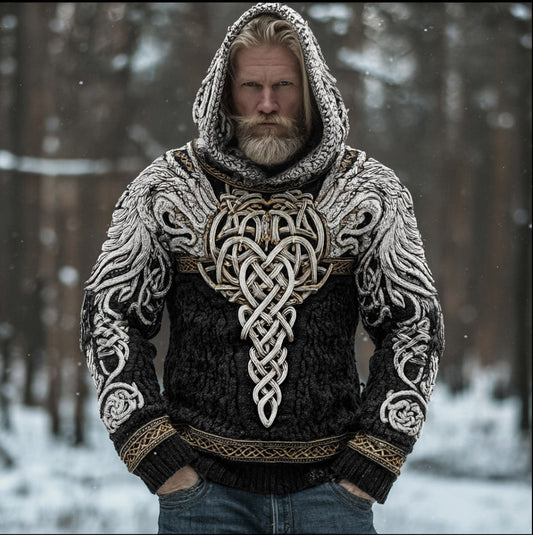 Men's Hooded Thick Sweater With Viking Style Tribal Totem And Wolf Totem Patterns artswardrobe