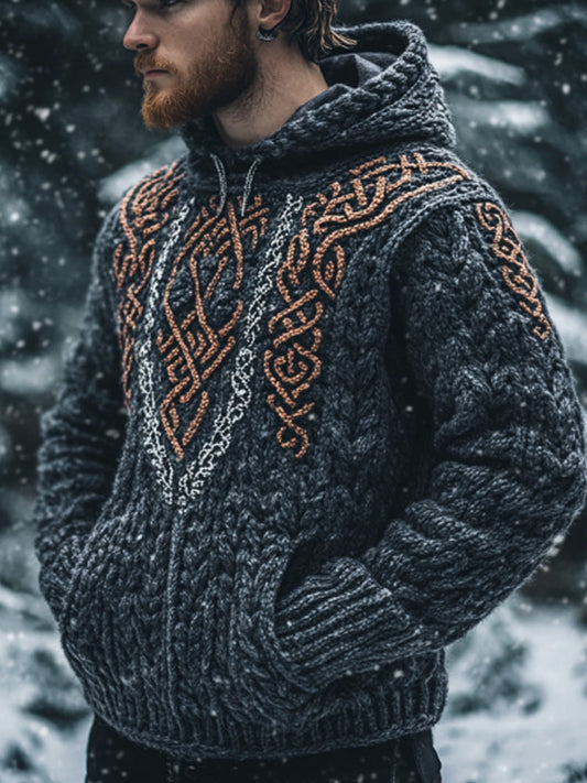 Men's Vintage Viking Inspired Celtic Jacquard Hooded Sweater elevenforest