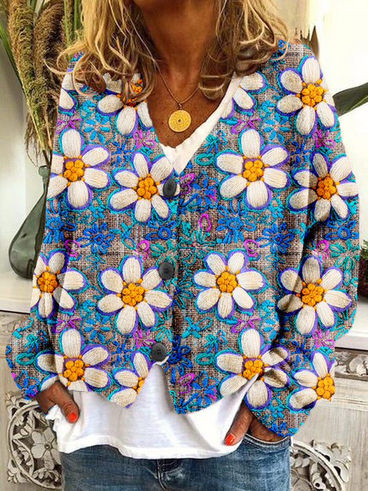 Retro Daisies Embroidery Pattern Cozy Cardigan elevenforest