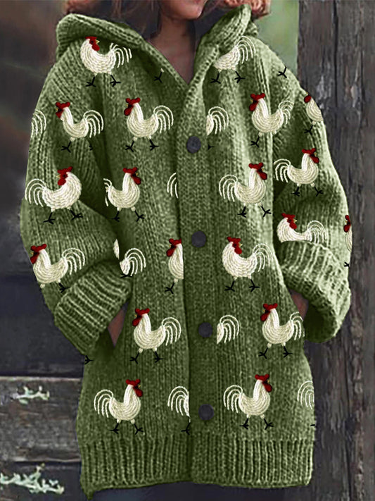 Roosters Embroidery Pattern Cozy Knit Hooded Cardigan artswardrobe