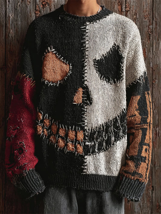 Halloween Pumpkin Skull Emoji Vintage Patchwork Men's Sweater artswardrobe