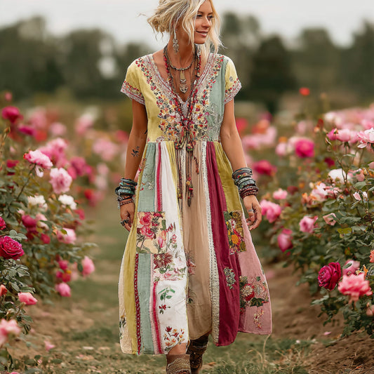Women's Vintage Rose Floral Art Patchwork Comfy Maxi Dress artswardrobe