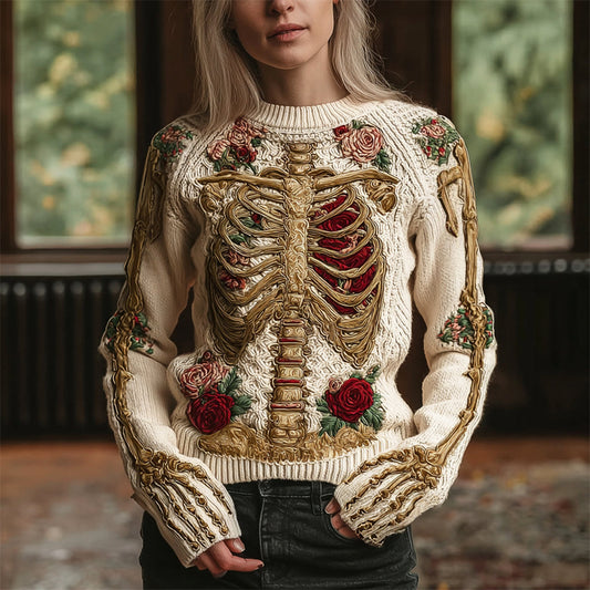 Retro Skeleton & Floral Women's Crew Neck Knit Sweater artswardrobe
