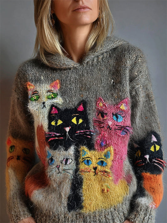 Vintage Colorful Cats Cozy Knit Hooded Sweater elevenforest