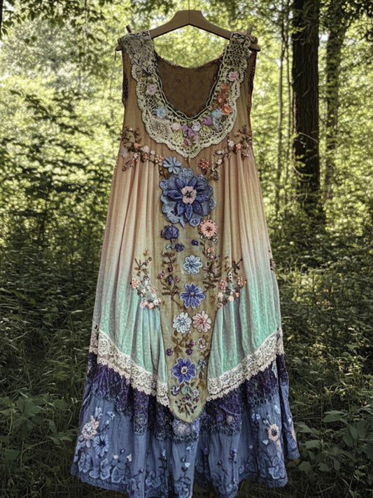 Vintage Boho Lavender Art Linen Patchwork Art Linen Tank Dress artswardrobe