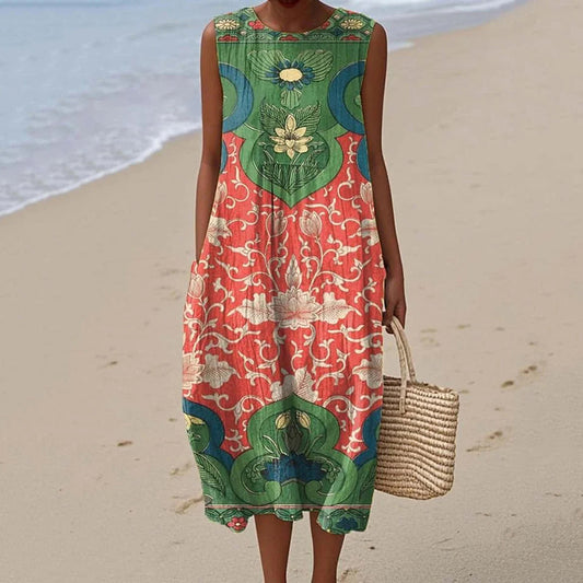 Vintage Loose Floral Art Sleeveless Cotton And Linen Tank Dress artswardrobe