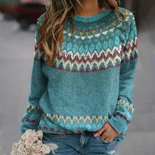 Retro Wave Pattern Contrast Jacquard Crew Neck Sweater elevenforest