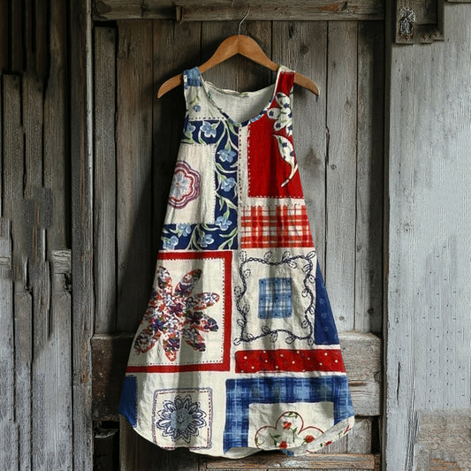 Vintage Independence Day American Geometry Floral Linen Tank Dress artswardrobe