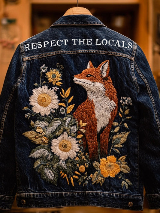 Respect The Locals Forest Fox Embroidered Denim Jacket artswardrobe