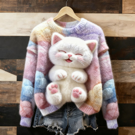Comstylish Cute Colorful Plush Cat Artistic Warm Wool Pullover