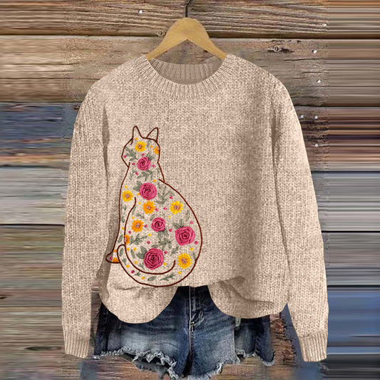 Comstylish Women's Cat Floral Embroidery Knit Art Casual Sweater