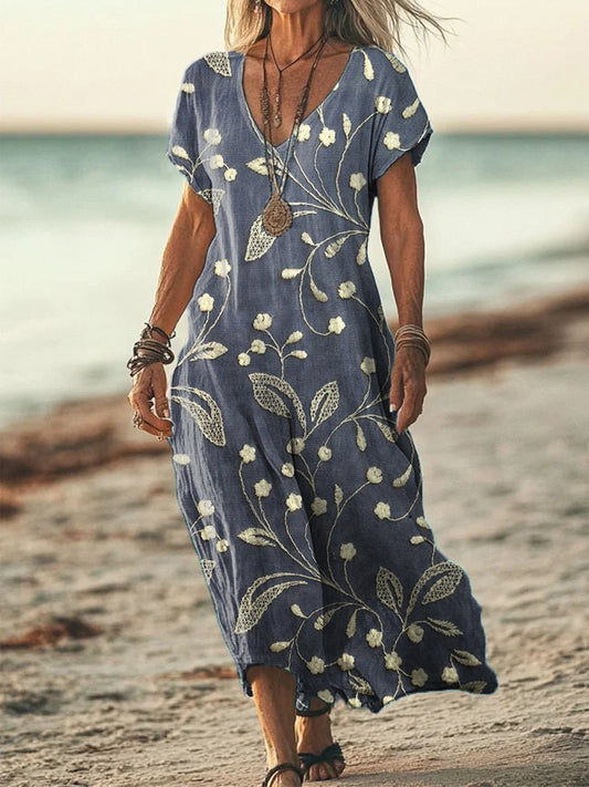Women's Floral Embroidery Pattern Linen Blend Dress artswardrobe