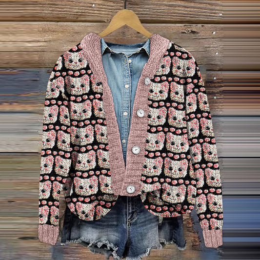 Comstylish Cute Cat Print Casual Knitted Cardigan