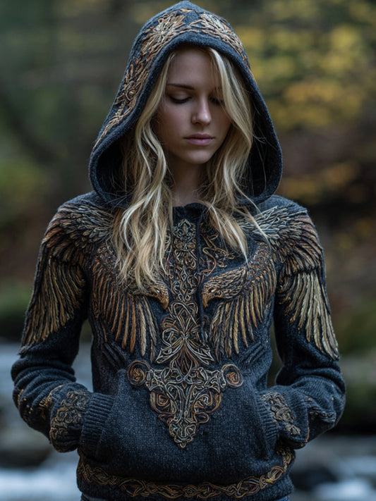 Women's Vintage Viking-style Golden Double-crow Three-dimensional Embroidered Hooded Sweater elevenforest
