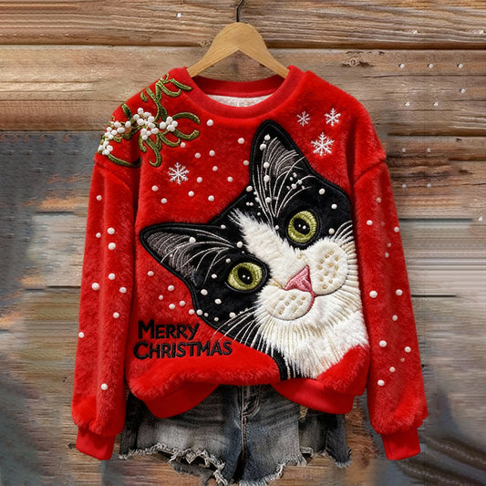 Comstylish Women's Christmas Cat Embroidery Art Comfort Plush Sweatshirt