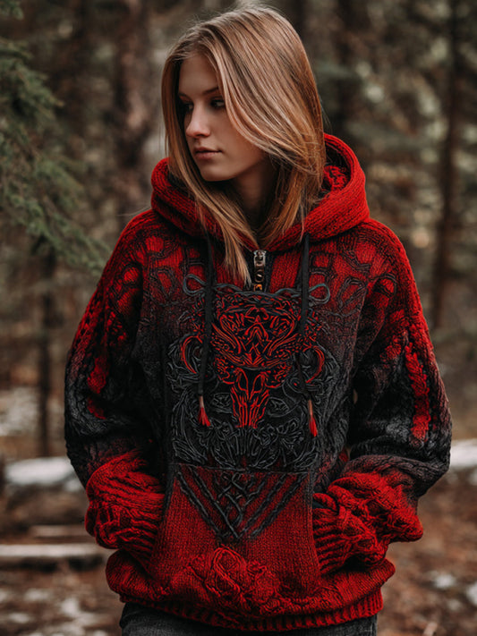 Women's Vintage Viking Tribal Celtic Skull Gradient Art Chunky Knit Hooded Sweater elevenforest