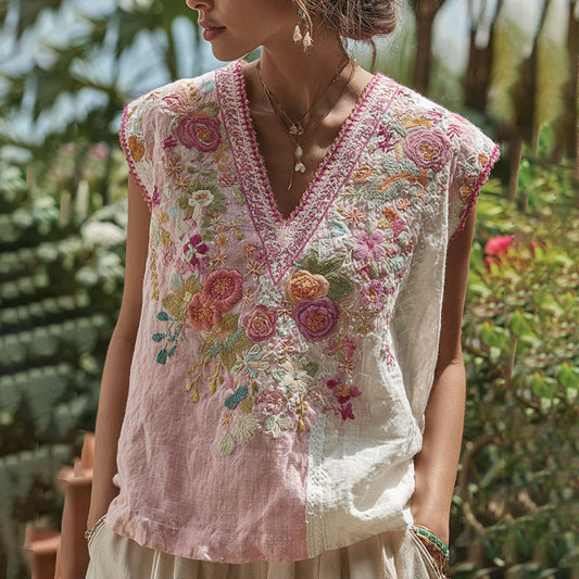 Women's Patchwork Rose Embroidered Linen Tank Top artswardrobe