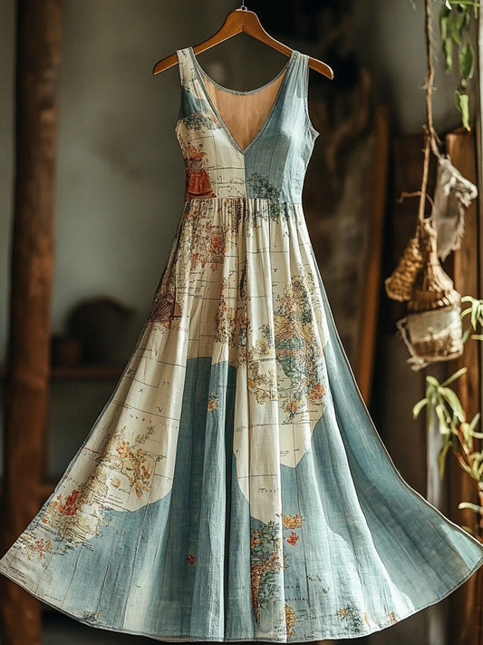 Vintage Old Map Graphic Linen Maxi Dress artswardrobe