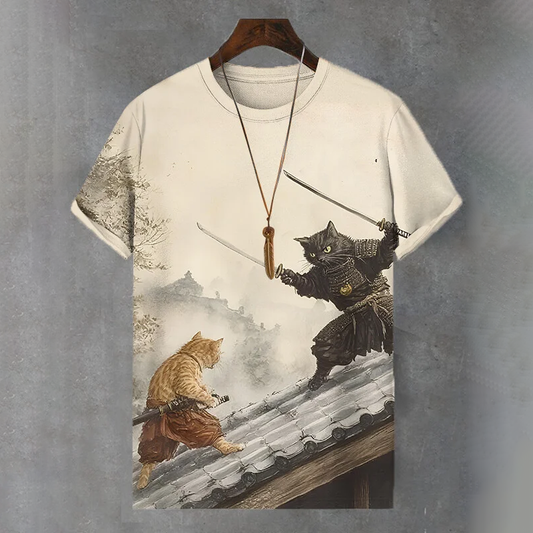 Men's Japanese Cat Swordsman Duel Art Print Comfortable T-shirt elevenforest