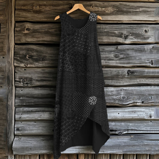 Comstylish Japanese Traditional Sashiko Art Linen Irregular Midi Dress