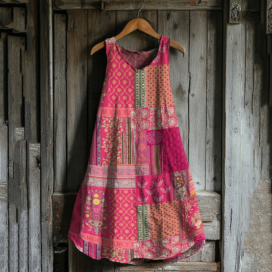 Vintage Floral Patchwork Art Linen Blend Tank Dress artswardrobe