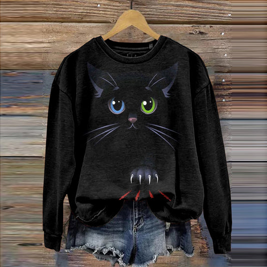 Comstylish Abstract Creative Cute Black Cat Print Crew Neck Casual Sweatshirt