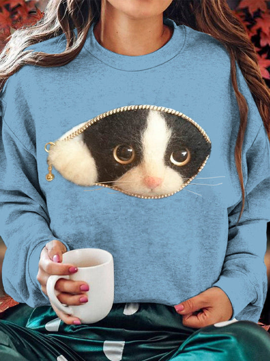 Cute Felt Cat Women's Cozy Sweatshirt elevenforest