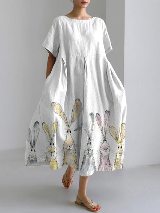 Watercolor Bunny Print Linen Blend Casual Dress artswardrobe