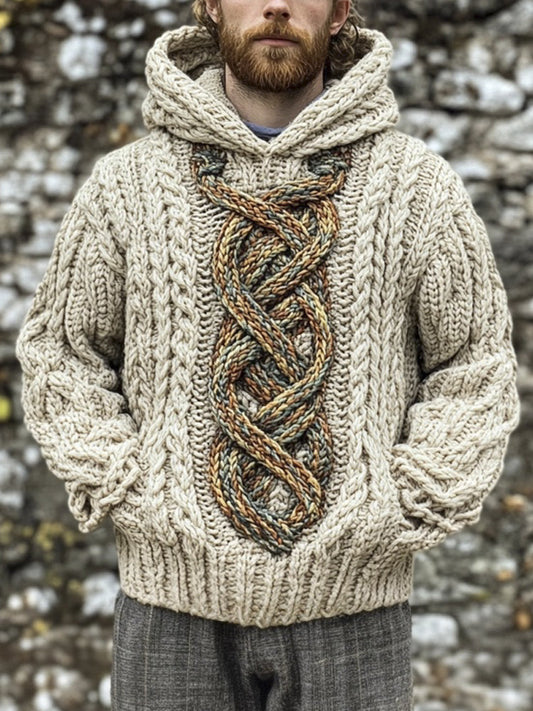 Celtic Knot Knit Pattern Men's Hooded Sweater elevenforest