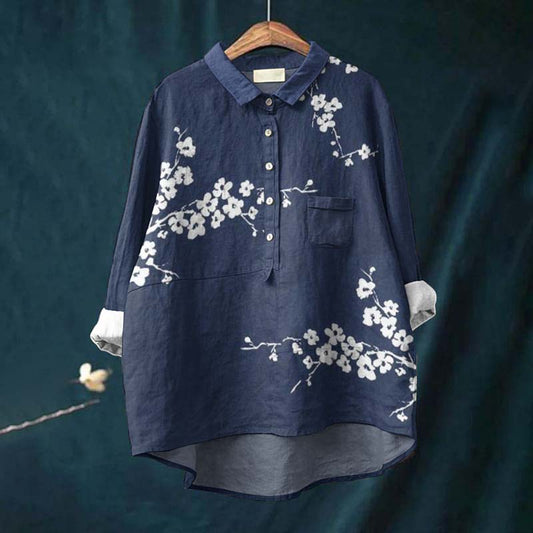 Comstylish Vintage Blossom Art Print Casual Cotton Linen Shirt