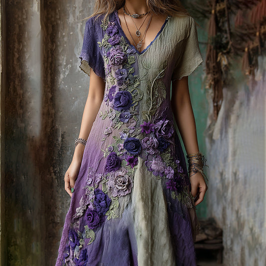 Classy Gradient Purple Lavender And Floral Embroidered Linen Maxi Dress artswardrobe