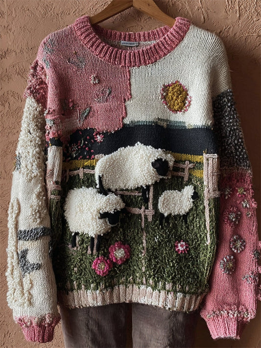 Vintage Farm Sheep Floral Colorblock Patchwork Cozy Knit Sweater artswardrobe