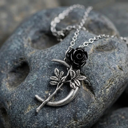 Midnight Crescent Dark Bloom Pendant Necklace