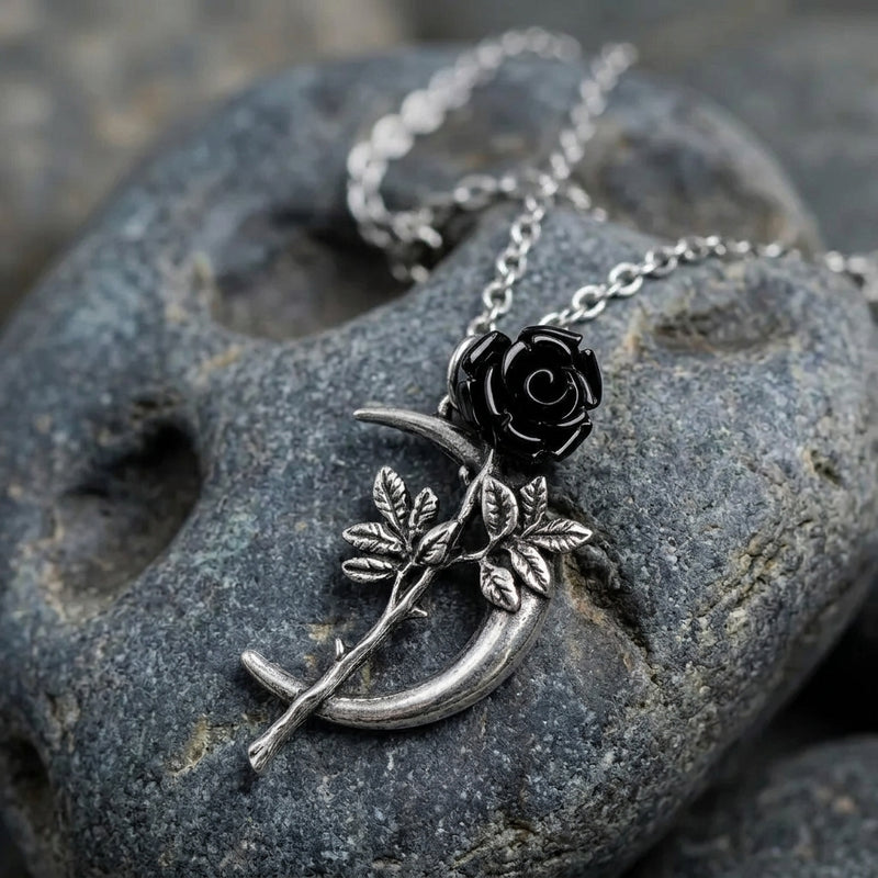 Midnight Crescent Dark Bloom Pendant Necklace