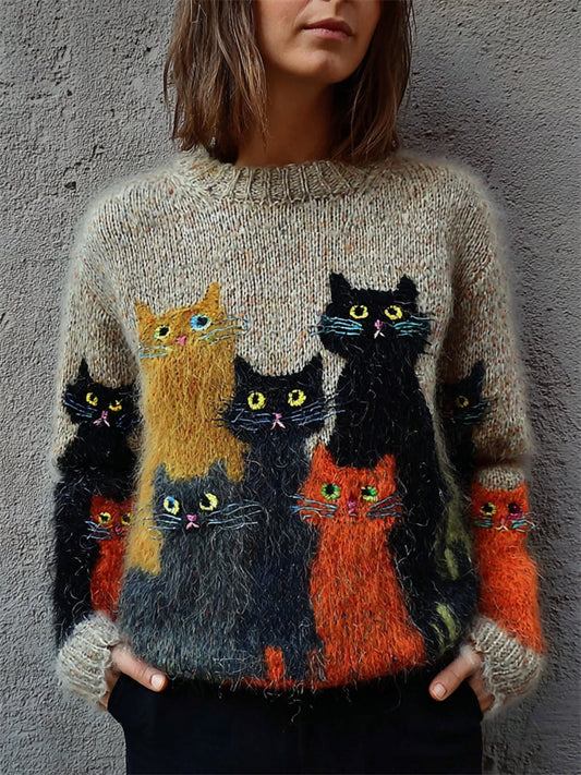 Vintage Halloween Cats Fuzzy Cozy Knit Sweater elevenforest